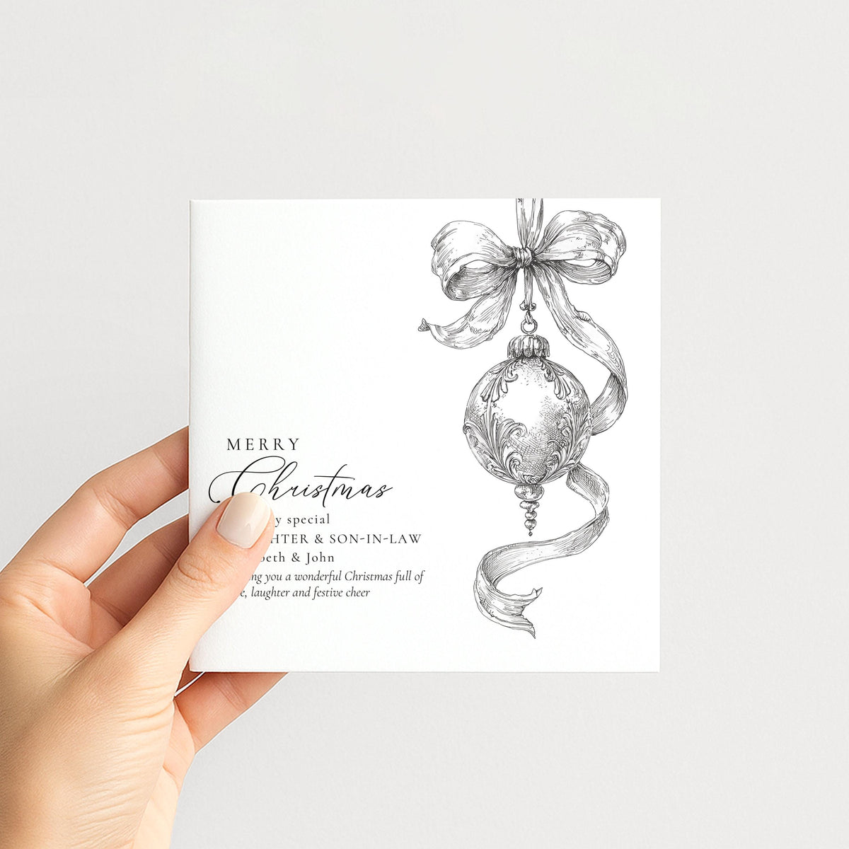 Personalised Daughter & Son-in-Law Christmas Card, Elegant Bauble Sketch Design, Custom Names Card