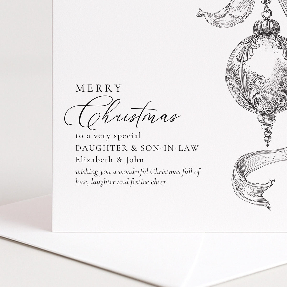 Personalised Daughter & Son-in-Law Christmas Card, Elegant Bauble Sketch Design, Custom Names Card