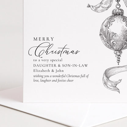Personalised Daughter & Son-in-Law Christmas Card, Elegant Bauble Sketch Design, Custom Names Card