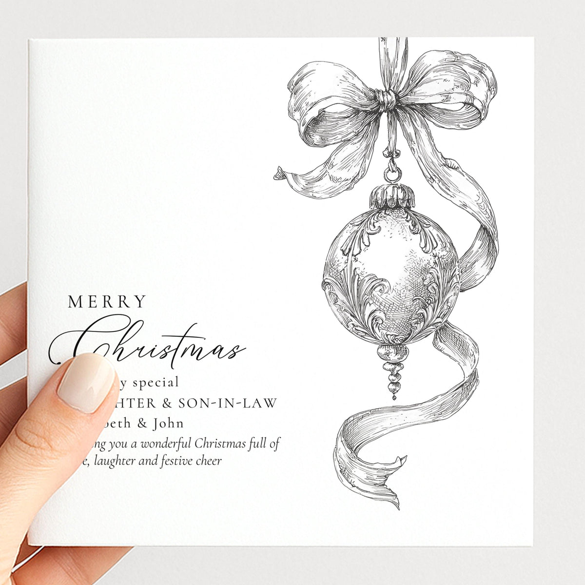 Personalised Daughter & Son-in-Law Christmas Card, Elegant Bauble Sketch Design, Custom Names Card