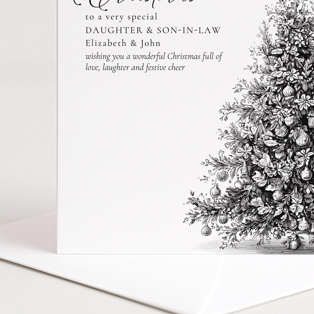 Personalised Daughter & Son-in-Law Christmas Card, Elegant Tree Sketch Design, Custom Names Card
