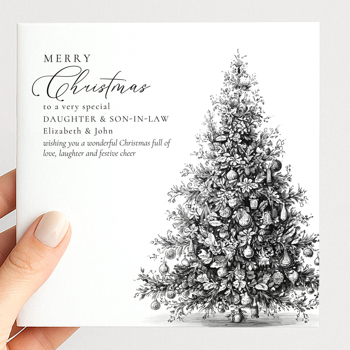 Personalised Daughter & Son-in-Law Christmas Card, Elegant Tree Sketch Design, Custom Names Card