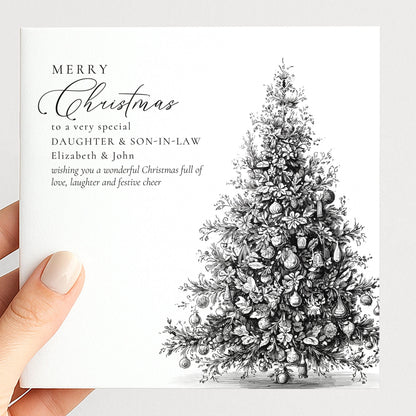 Personalised Daughter & Son-in-Law Christmas Card, Elegant Tree Sketch Design, Custom Names Card