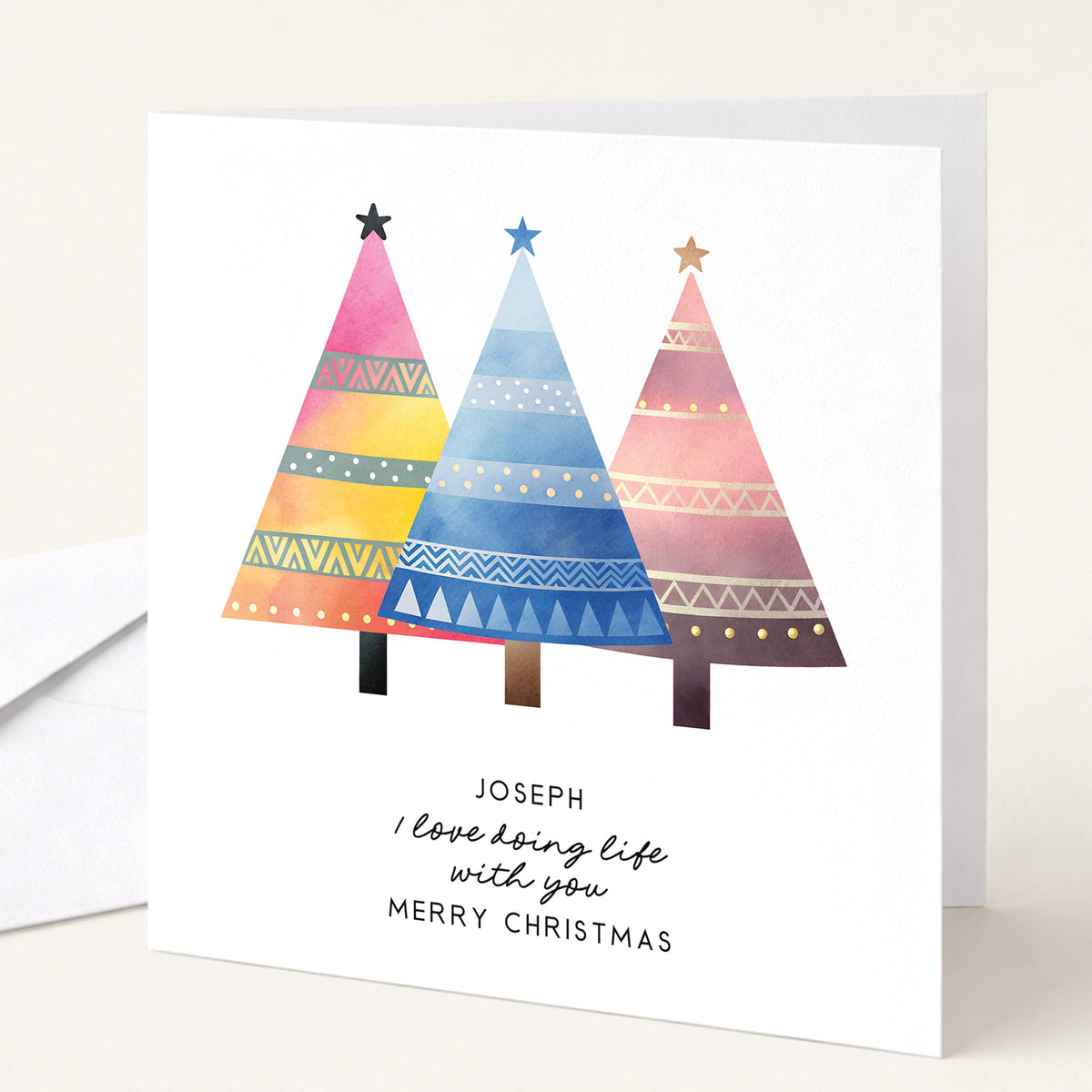 Personalised Husband Christmas Card, I Love Doing Life With You, Custom Name Colourful Trees Card