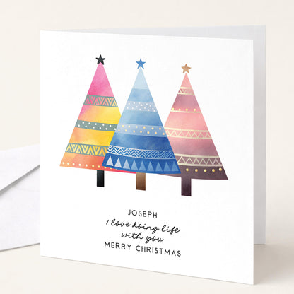 Personalised Husband Christmas Card, I Love Doing Life With You, Custom Name Colourful Trees Card