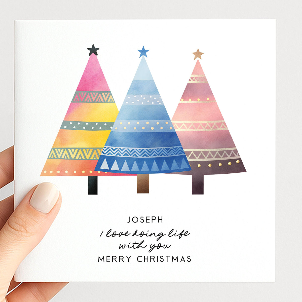 Personalised Husband Christmas Card, I Love Doing Life With You, Custom Name Colourful Trees Card