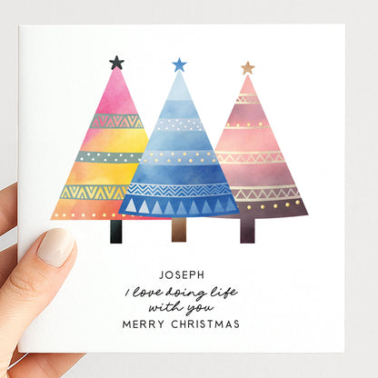 Personalised Husband Christmas Card, I Love Doing Life With You, Custom Name Colourful Trees Card