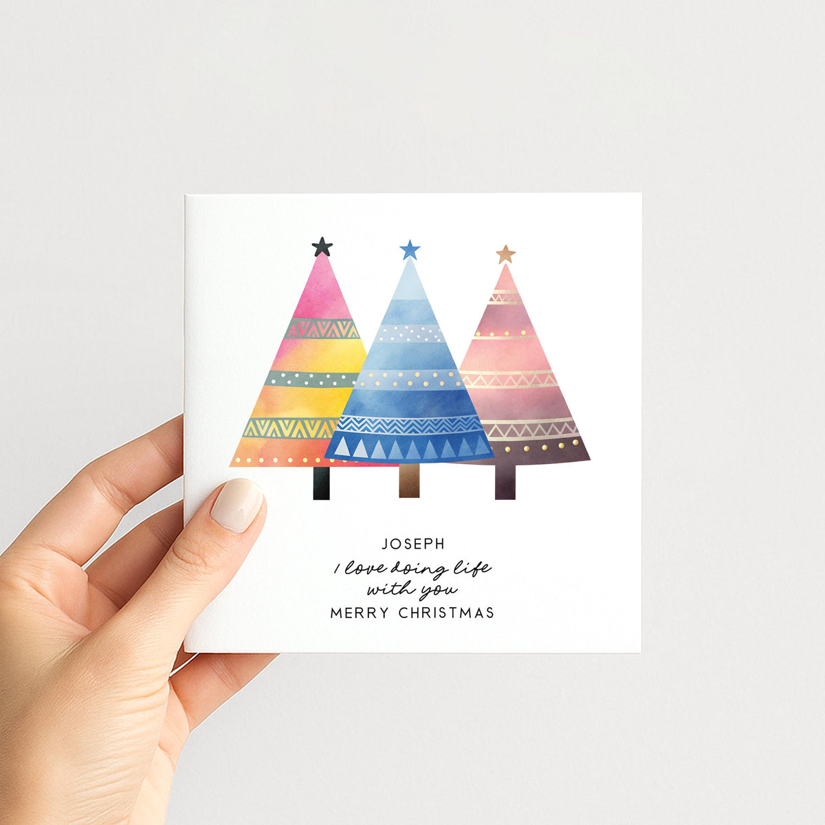 Personalised Husband Christmas Card, I Love Doing Life With You, Custom Name Colourful Trees Card