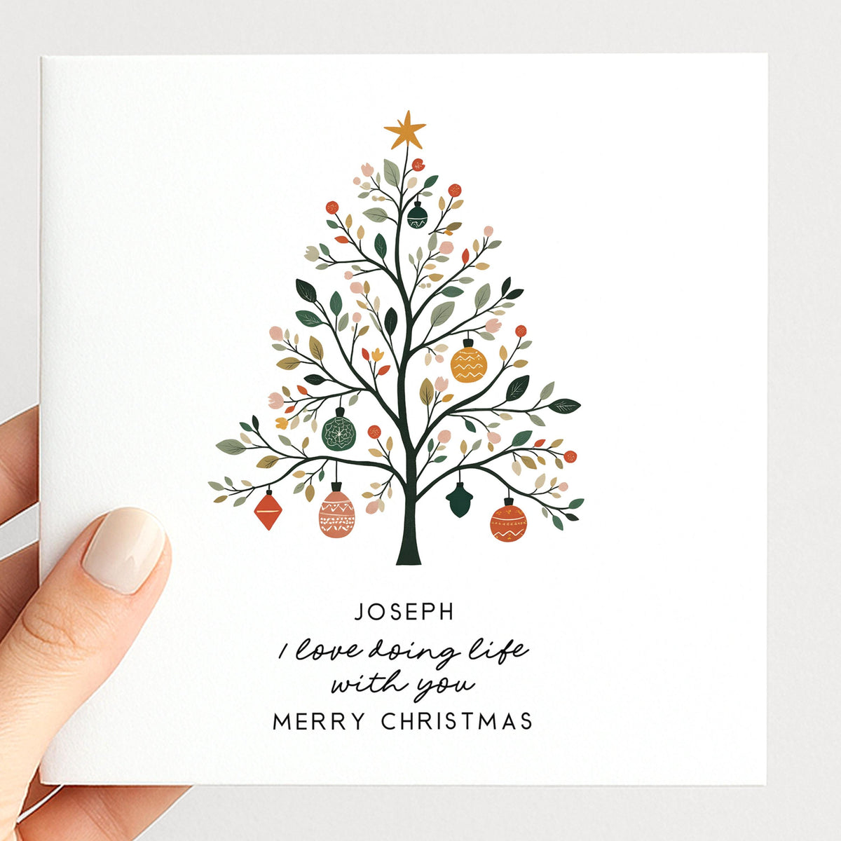 Personalised Husband Christmas Card, I Love Doing Life With You, Botanical Nordic Tree Custom Name Card