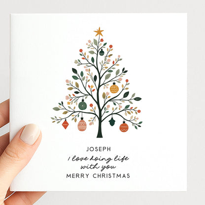 Personalised Husband Christmas Card, I Love Doing Life With You, Botanical Nordic Tree Custom Name Card