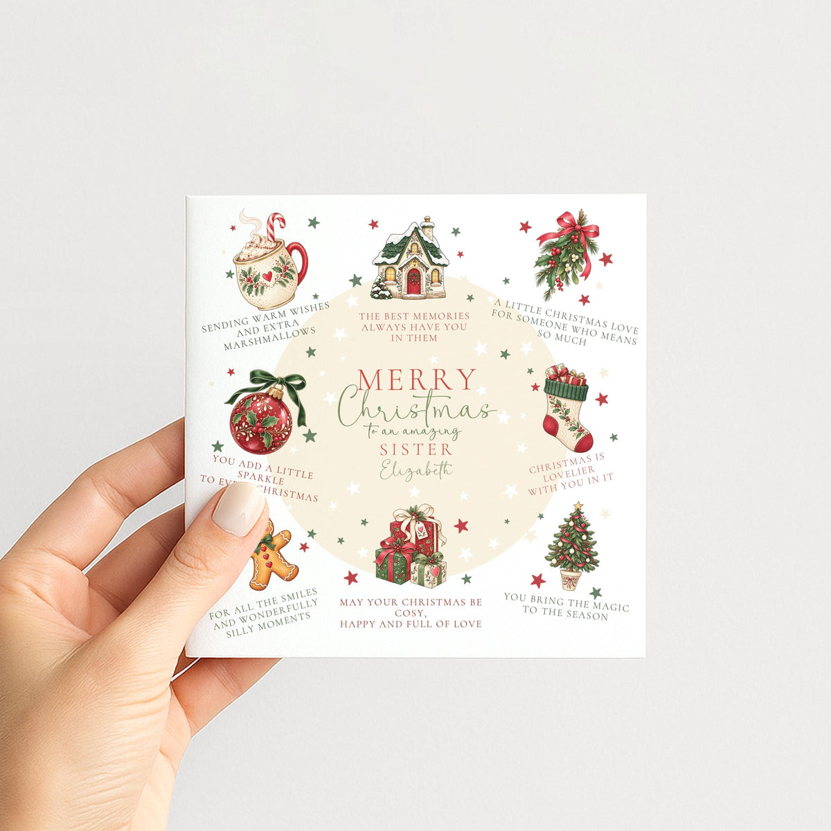 Personalised Sister Christmas Card, Christmas Poem Card With Cosy Illustrations, Custom Name Card