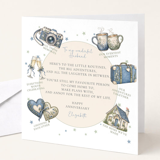 Personalised Husband Anniversary Card, Little Routines Poem, Custom Name Romantic Anniversary Card