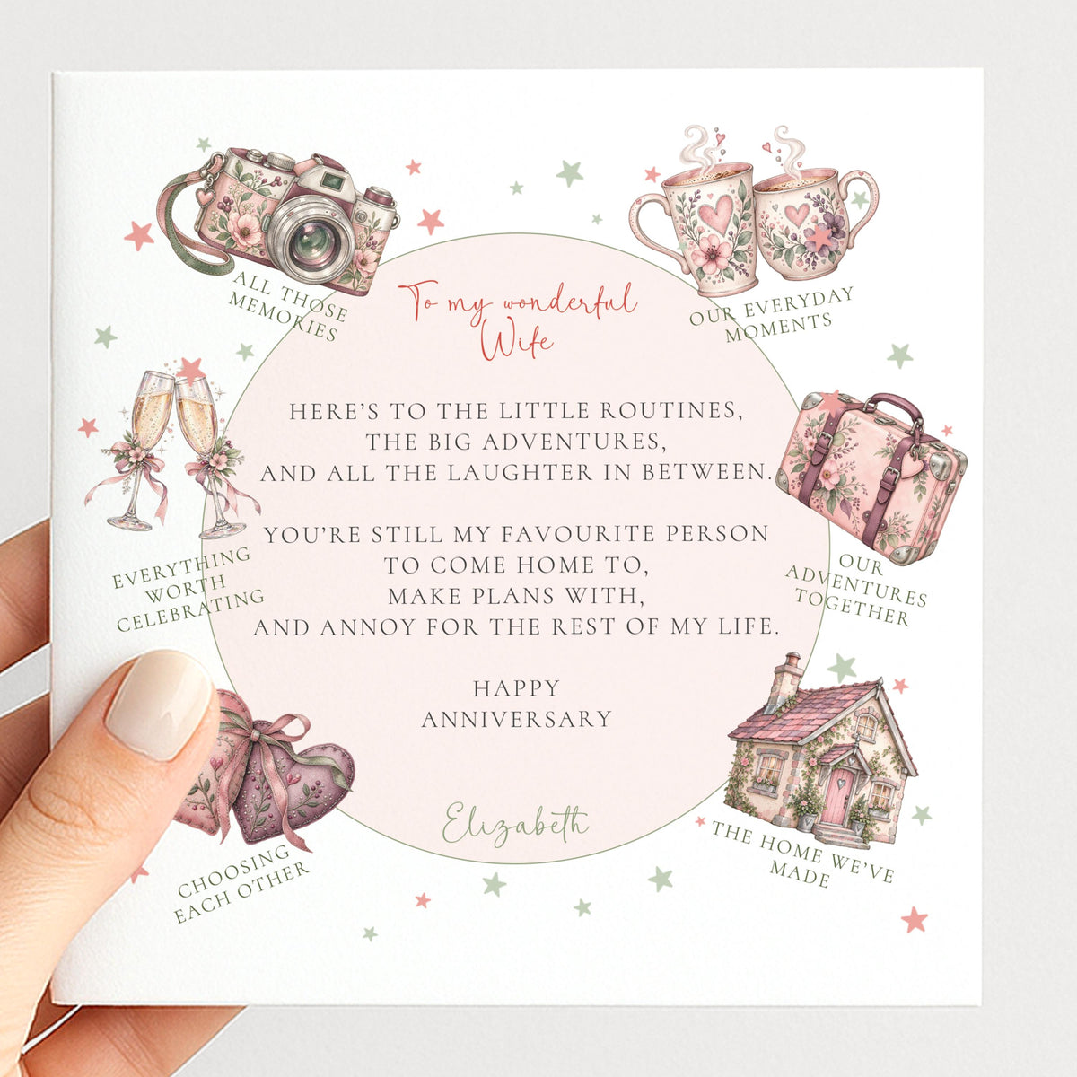 Personalised Wife Anniversary Card, Little Routines Poem, Custom Name Romantic Anniversary Card