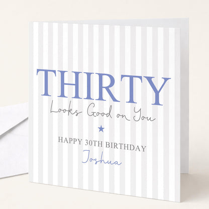Personalised 30th Custom Name Birthday Card for HIm, Thirty Greeting Card, Personalised 30th Birthday Blue Gift
