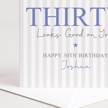 Personalised 30th Custom Name Birthday Card for HIm, Thirty Greeting Card, Personalised 30th Birthday Blue Gift