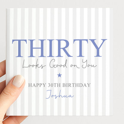 Personalised 30th Custom Name Birthday Card for HIm, Thirty Greeting Card, Personalised 30th Birthday Blue Gift