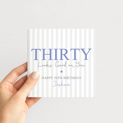Personalised 30th Custom Name Birthday Card for HIm, Thirty Greeting Card, Personalised 30th Birthday Blue Gift