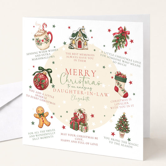 Personalised Daughter-in-law Christmas Card, Christmas Poem Card With Cosy Illustrations, Custom Name Card