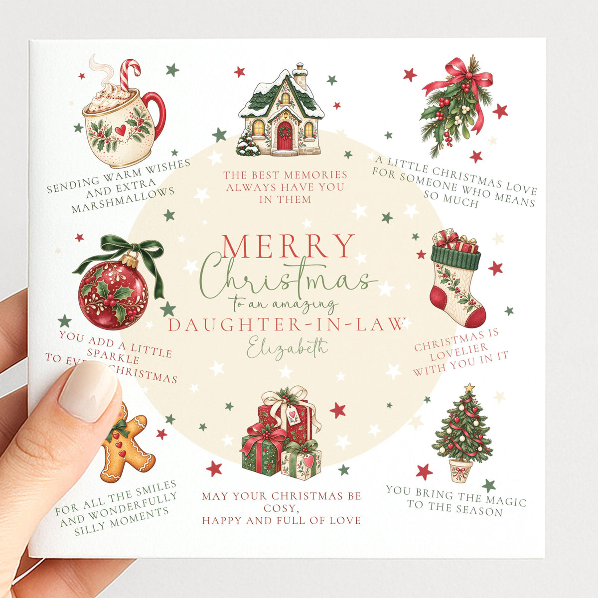 Personalised Daughter-in-law Christmas Card, Christmas Poem Card With Cosy Illustrations, Custom Name Card