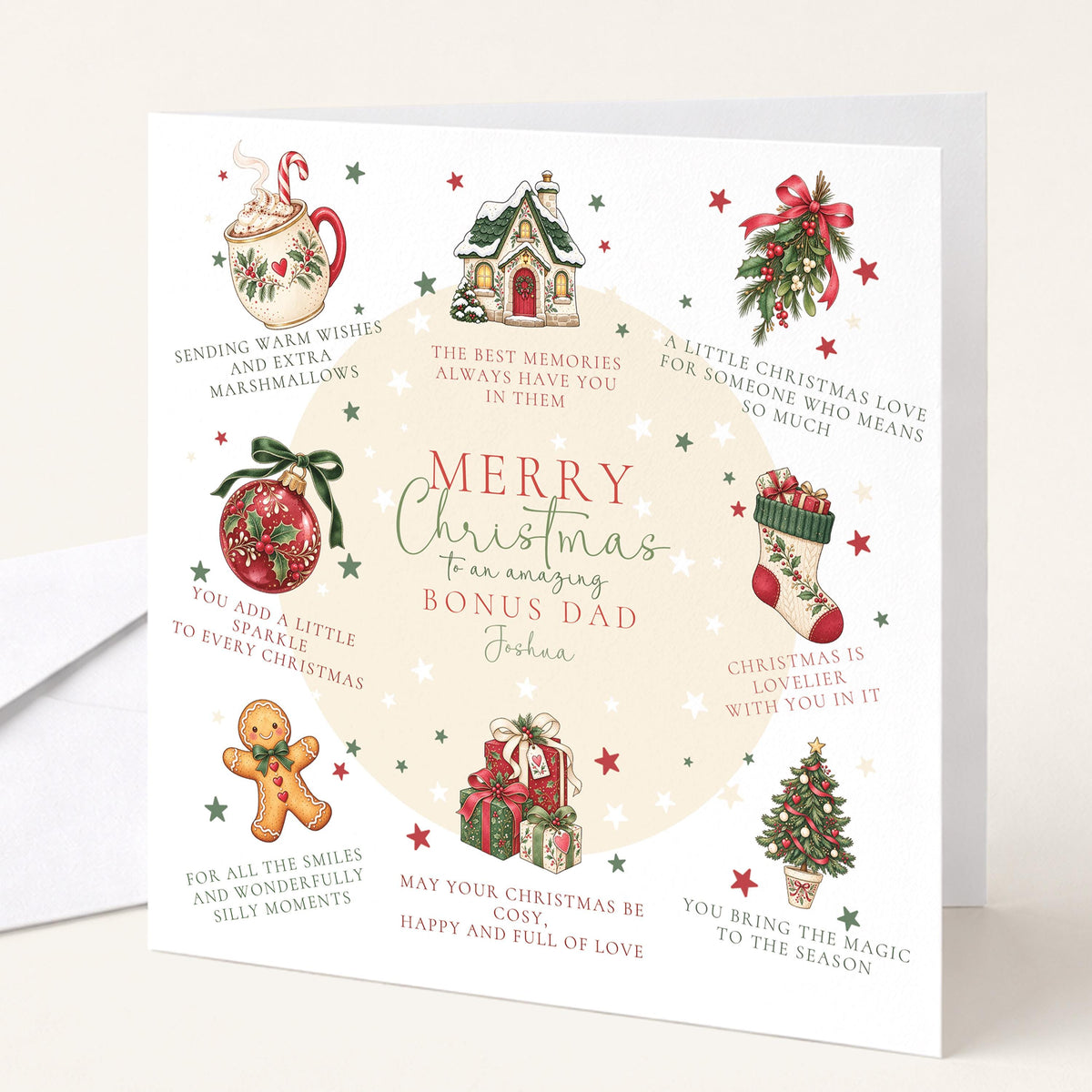 Personalised Bonus Dad Christmas Card, Christmas Poem Card With Cosy Illustrations, Step Dad Custom Name Card