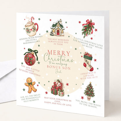Personalised Bonus Son Christmas Card, Christmas Poem Card With Cosy Illustrations, Step Son Custom Name Card