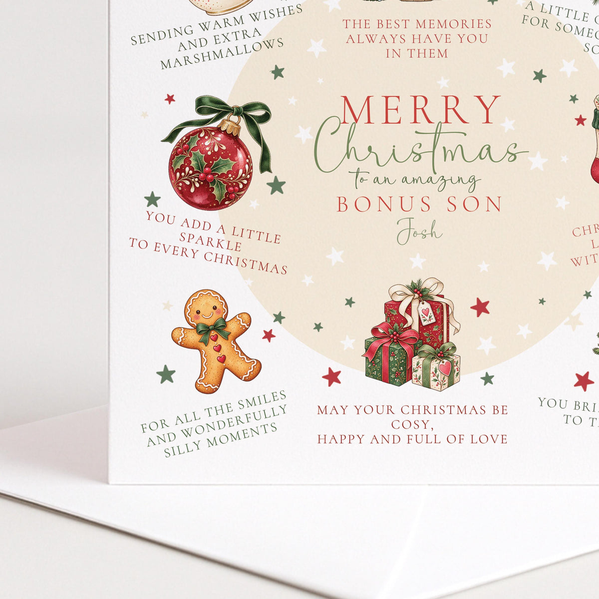 Personalised Bonus Son Christmas Card, Christmas Poem Card With Cosy Illustrations, Step Son Custom Name Card