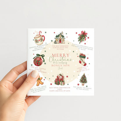 Personalised Bonus Son Christmas Card, Christmas Poem Card With Cosy Illustrations, Step Son Custom Name Card