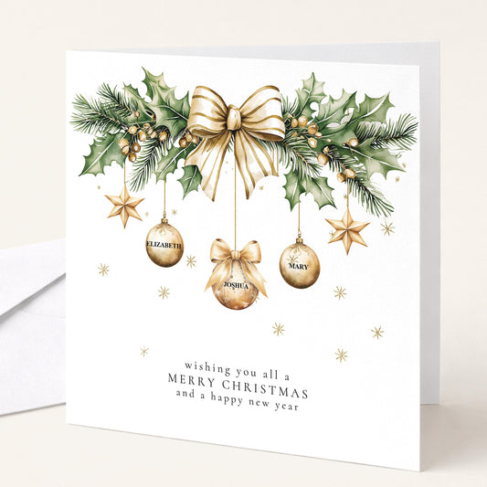 Personalised Family Christmas Card, Multiple Names Bauble Garland Card, Wishing You All A Merry Christmas Custom Card