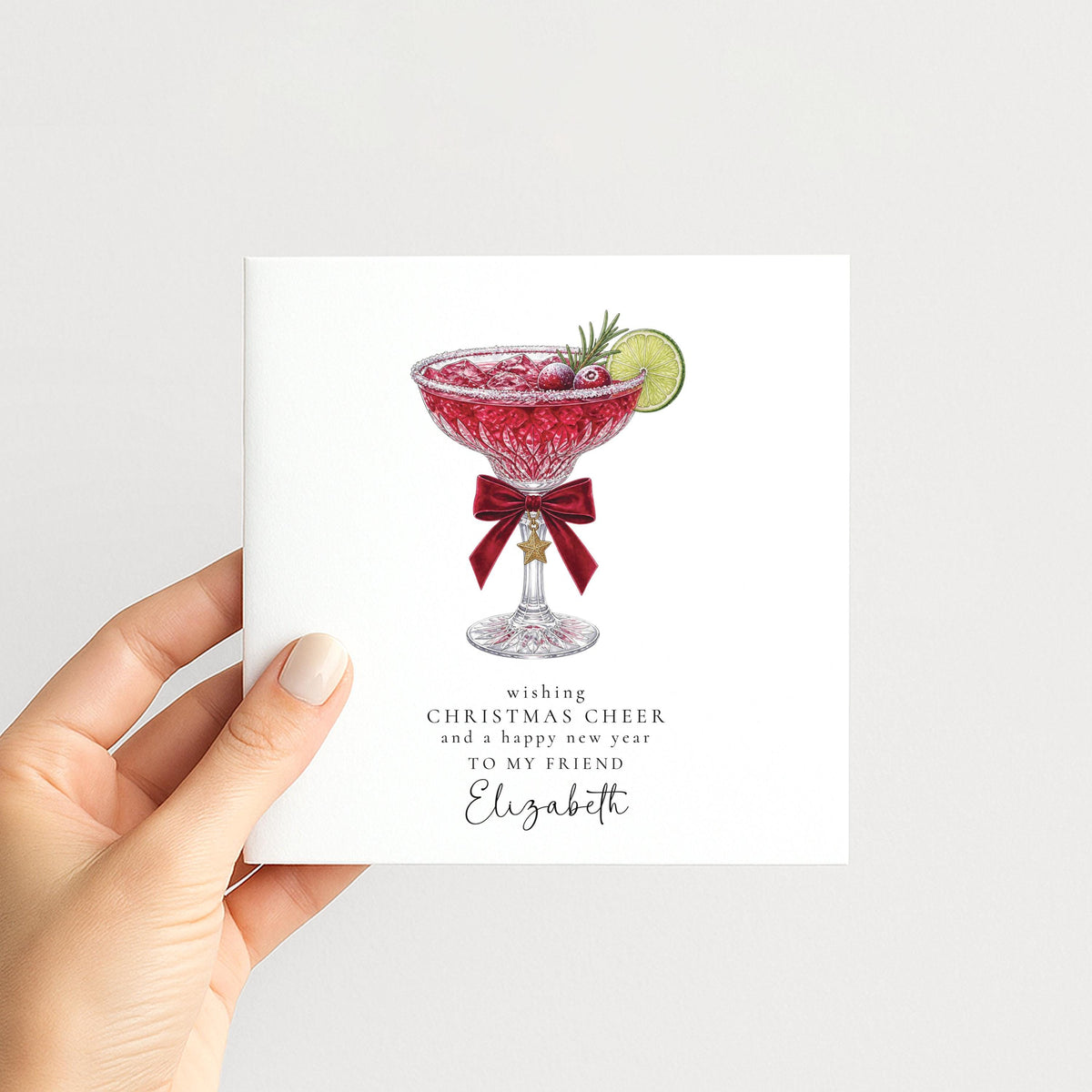 Personalised Friend Christmas Card, Cranberry Margarita Cocktail Card, Wishing Christmas Cheer Card, Custom Name Card