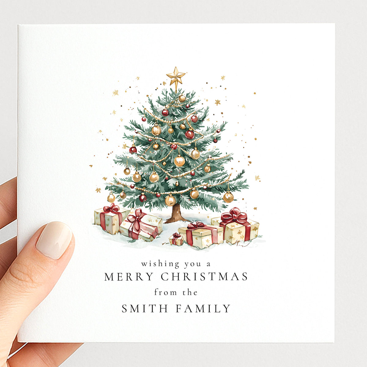 Personalised Family Christmas Card Multipack, Christmas Tree Design, Pack of 5 10 15 20 25 30 Cards, Custom Family Name