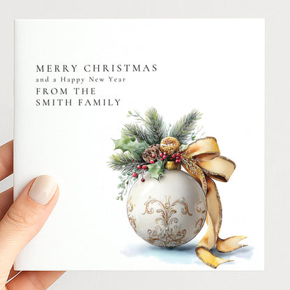 Personalised Family Christmas Card Multipack, Gold Bauble Design, Pack of 5 10 15 20 25 30 Cards, Custom Family Name