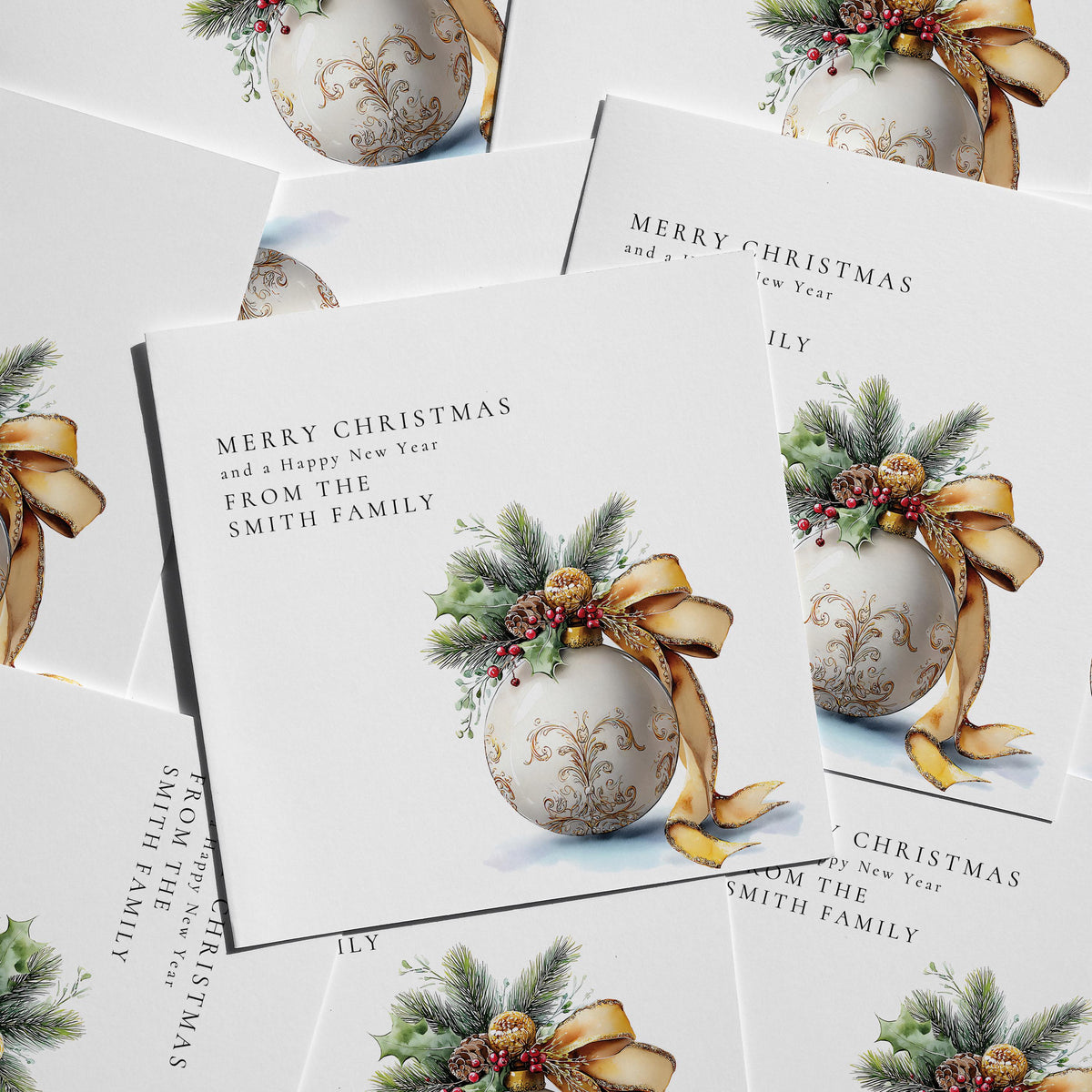 Personalised Family Christmas Card Multipack, Gold Bauble Design, Pack of 5 10 15 20 25 30 Cards, Custom Family Name