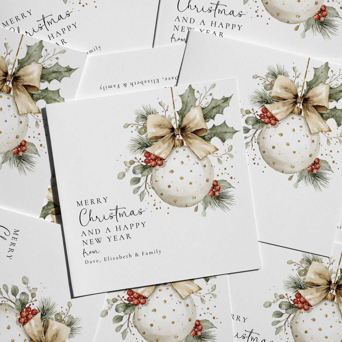 Personalised Family Christmas Card Multipack, Beige Bow Bauble Design, Pack of 5 10 15 20 25 30 Cards, Custom Names
