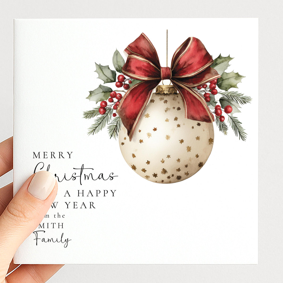 Personalised Family Christmas Card Multipack, Red Bow Star Bauble Design, Pack of 5 10 15 20 25 30 Cards, Custom Family Name