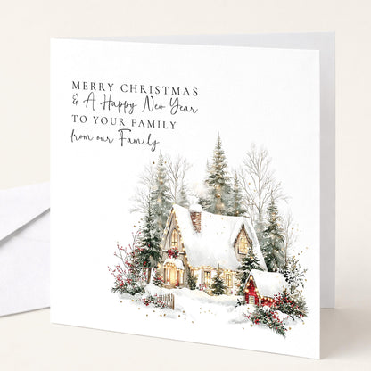 Personalised Family Christmas Card Multipack, Snowy Cottage Design, Pack of 5 10 15 20 25 30 Cards, Custom Family Name