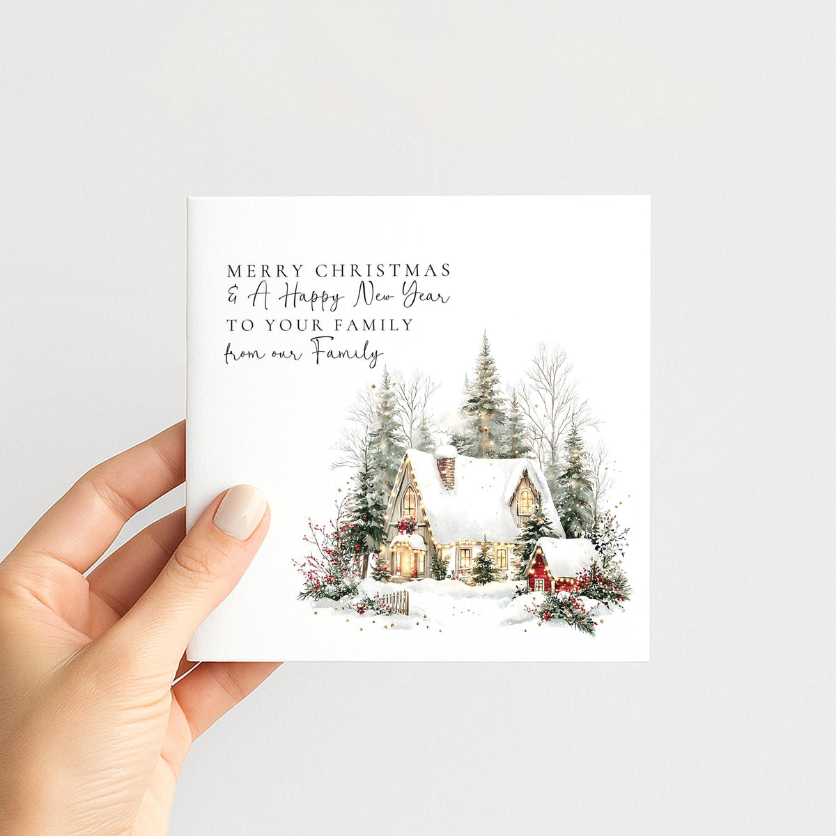 Personalised Family Christmas Card Multipack, Snowy Cottage Design, Pack of 5 10 15 20 25 30 Cards, Custom Family Name