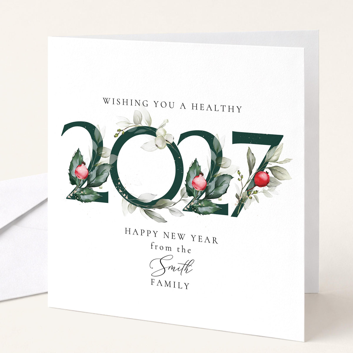 Personalised Family Christmas Card Multipack, 2027 Wreath Design, Pack of 5 10 15 20 25 30 Cards, Custom Family Name