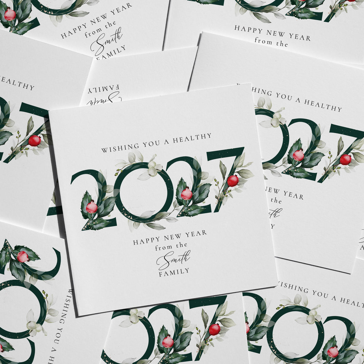 Personalised Family Christmas Card Multipack, 2027 Wreath Design, Pack of 5 10 15 20 25 30 Cards, Custom Family Name