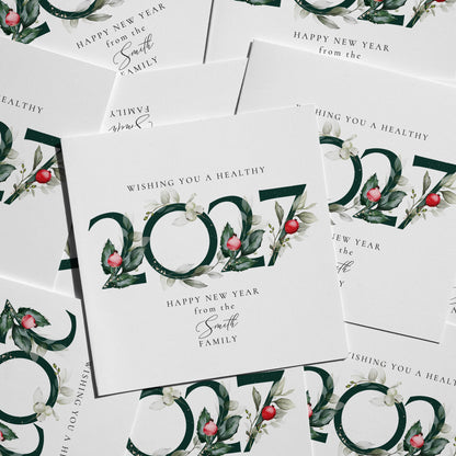 Personalised Family Christmas Card Multipack, 2027 Wreath Design, Pack of 5 10 15 20 25 30 Cards, Custom Family Name