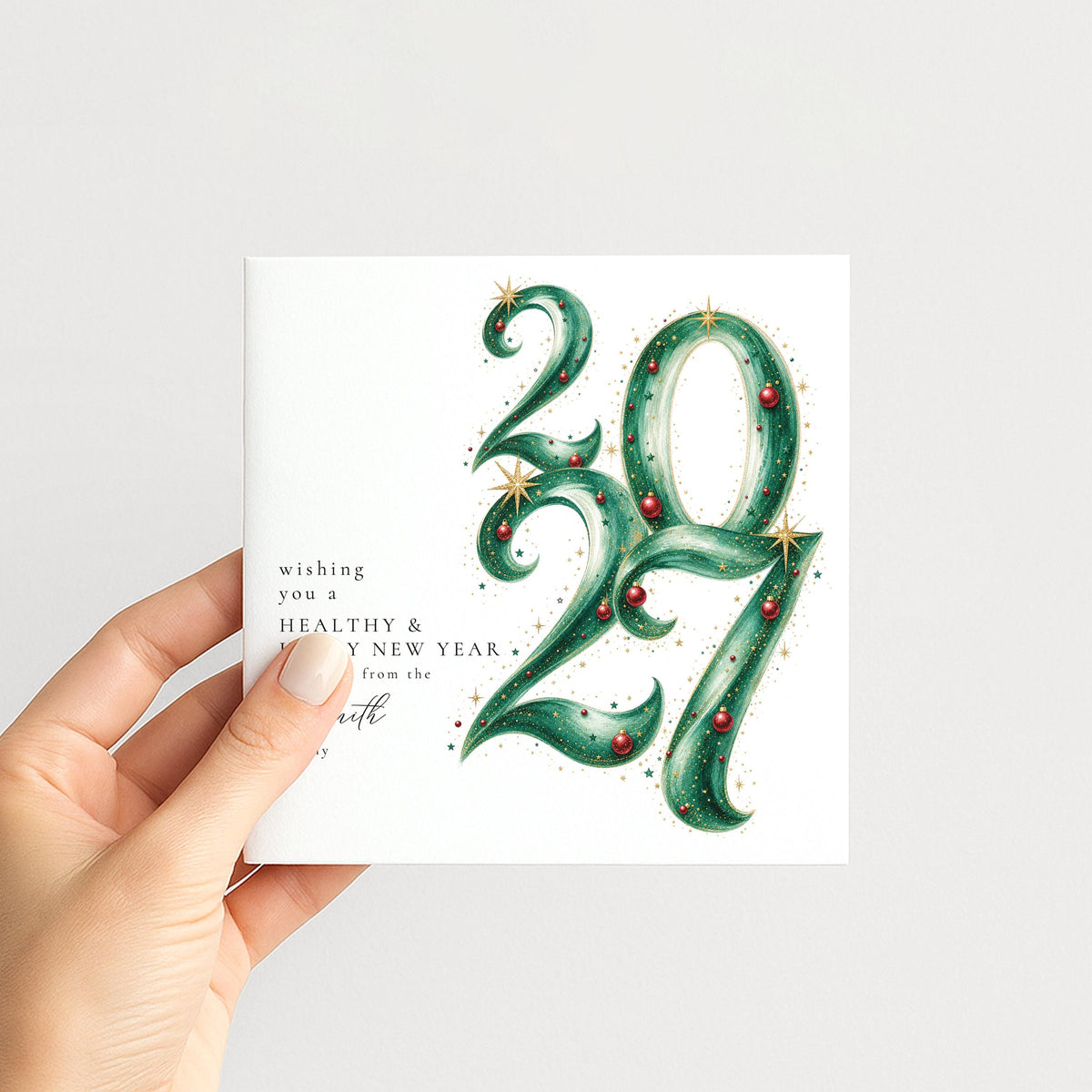 Personalised Family Christmas Card Multipack, 2027 Ornate Script Design, Pack of 5 10 15 20 25 30 Cards, Custom Family Name