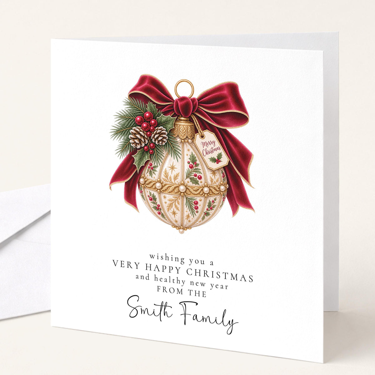 Personalised Family Christmas Card Multipack, Vintage Bauble Design, Pack of 5 10 15 20 25 30 Cards, Custom Family Name