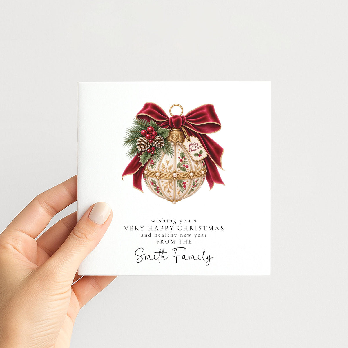 Personalised Family Christmas Card Multipack, Vintage Bauble Design, Pack of 5 10 15 20 25 30 Cards, Custom Family Name