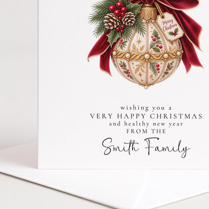 Personalised Family Christmas Card Multipack, Vintage Bauble Design, Pack of 5 10 15 20 25 30 Cards, Custom Family Name