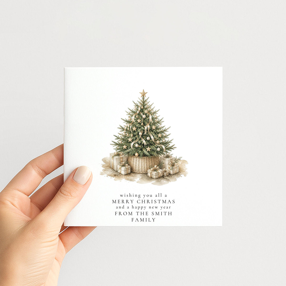 Personalised Family Christmas Card Multipack, Tree In Basket Design, Pack of 5 10 15 20 25 30 Cards, Custom Family Name