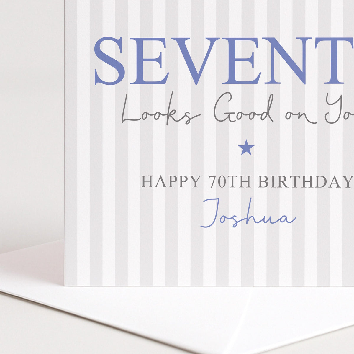 Personalised 70th Birthday Card For Him, Fifty Looks Good On You, Fabulous Seventy Custom Name Blue Birthday Card