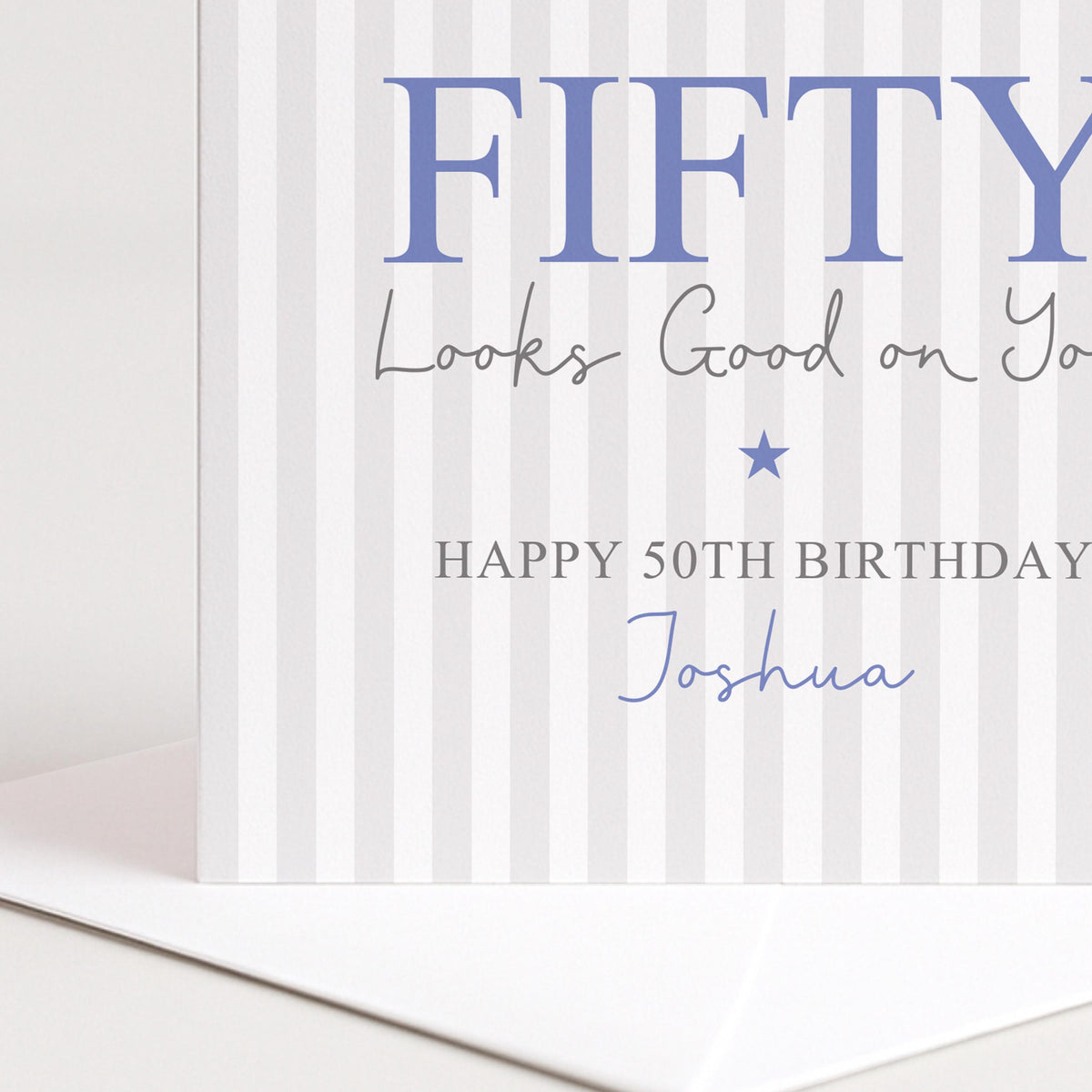 Personalised 50th Birthday Card For Him, Fifty Looks Good On You, Blue Fifty Custom Name Birthday Card