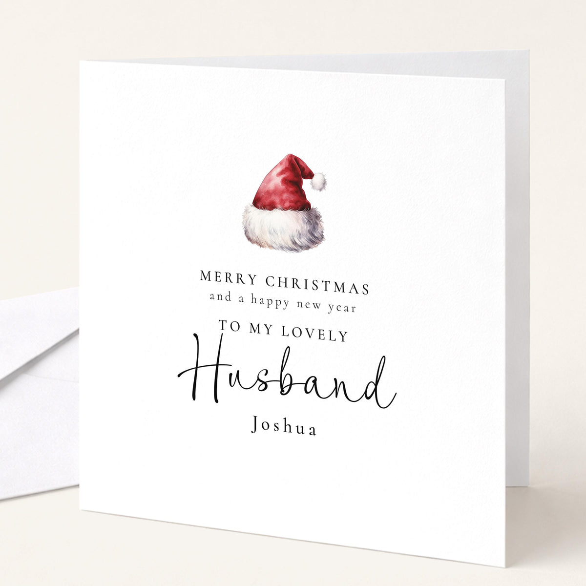 Personalised Husband Christmas Card, Santa Hat Christmas Card, Simple Elegant Custom Name Card