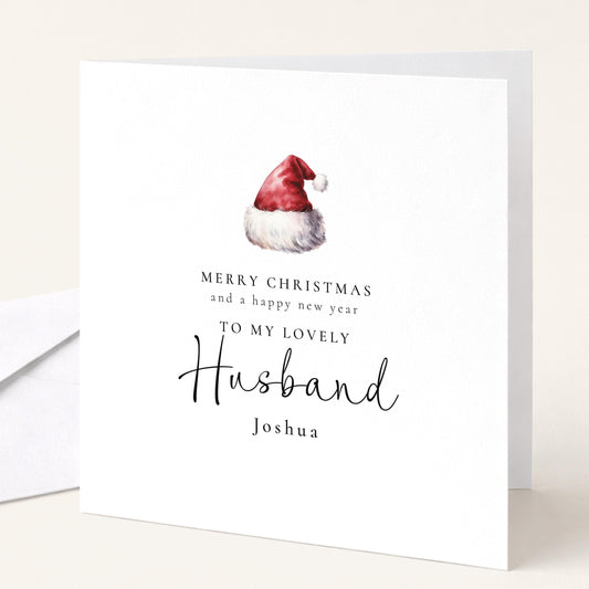 Personalised Husband Christmas Card, Santa Hat Christmas Card, Simple Elegant Custom Name Card