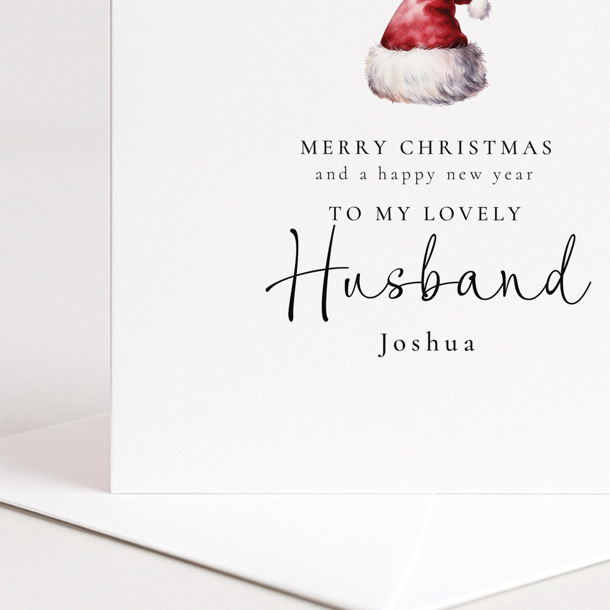 Personalised Husband Christmas Card, Santa Hat Christmas Card, Simple Elegant Custom Name Card