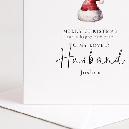 Personalised Husband Christmas Card, Santa Hat Christmas Card, Simple Elegant Custom Name Card
